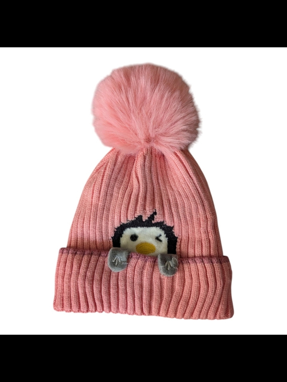 Pink Pom-Pom Penguin Knit Beanie for Kids